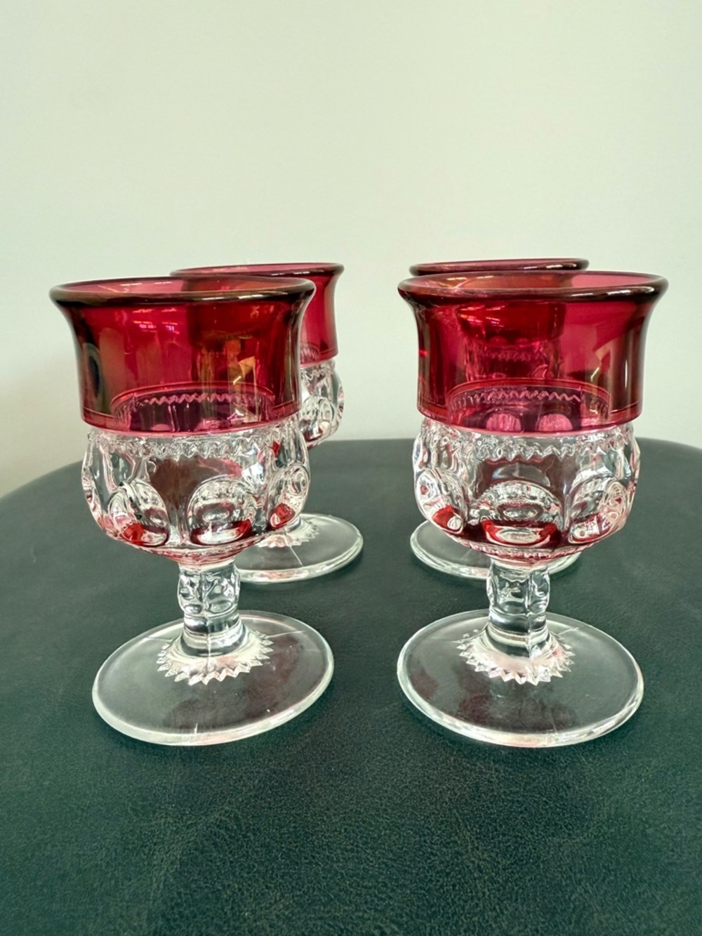 Set of 4 Cranberry Rim VTG Clear Goblets 4”
